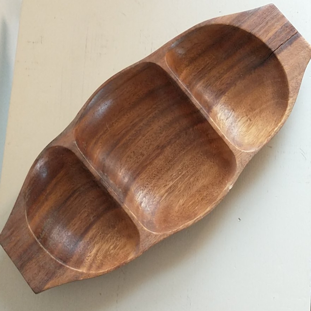hand-carved 3 section wooden bowl